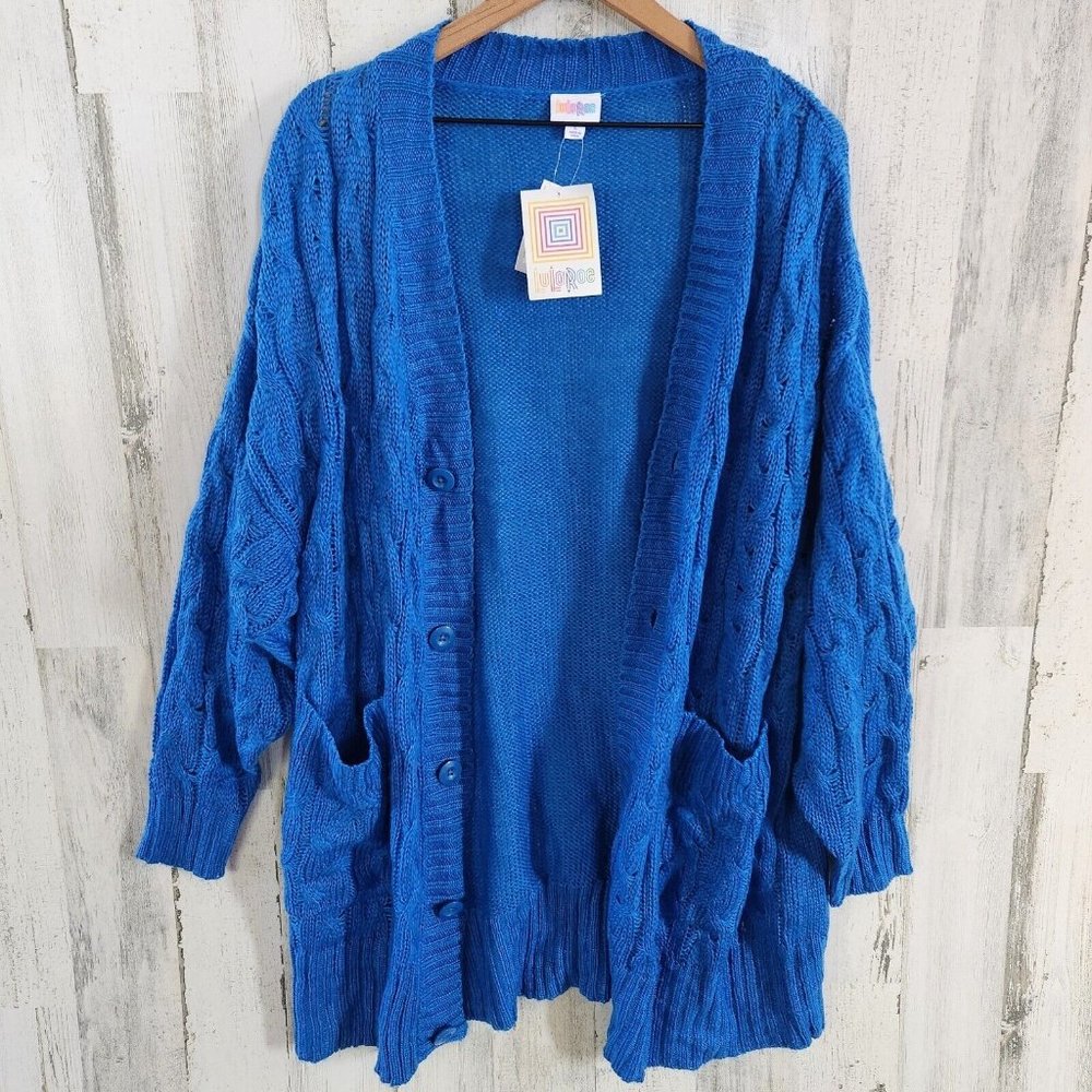 Lularoe Lucille Cable Sweater Large Blue Cardigan Warm Cozy NWT